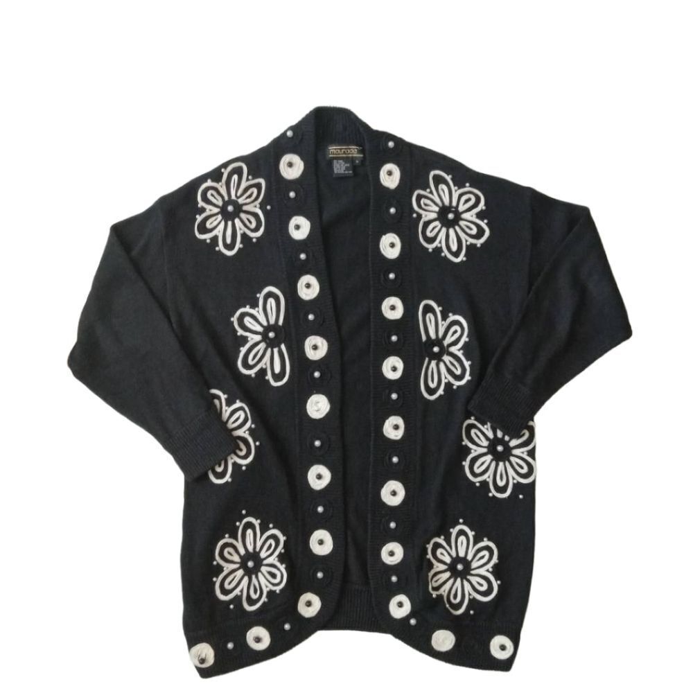 Vintage Maurada Black and White Open Front Knit Cardigan Sweater Women's 1X